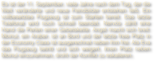 Es ist der 11. September, viele Jahre nach dem Tag, der die Welt veränderte und neue Feindbilder entstehen ließ. Ein vollbesetztes Flugzeug ist zum Starten bereit. Das letzte Telefonat wird noch schnell beendet. Nervös zählt eine Hand die Perlen einer Gebetskette. Angst macht sich breit: Moinul, ein Araber, ist an Bord und der letzte freie Platz in der Economy Class ist ausgerechnet neben ihm frei. Als Eva das Flugzeug betritt und sich weigert, ihren Platz neben Moinul einzunehmen, droht der Konflikt zu eskalieren.